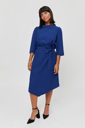 Suzi | Belted Angle Dress with Boat Neckline in Midnight Blue from AYANI