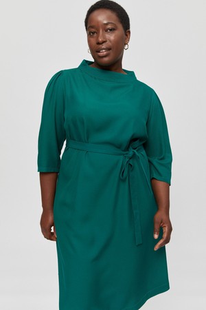 Suzi | Belted Angle Dress with Boat Neckline in Emerald Green from AYANI