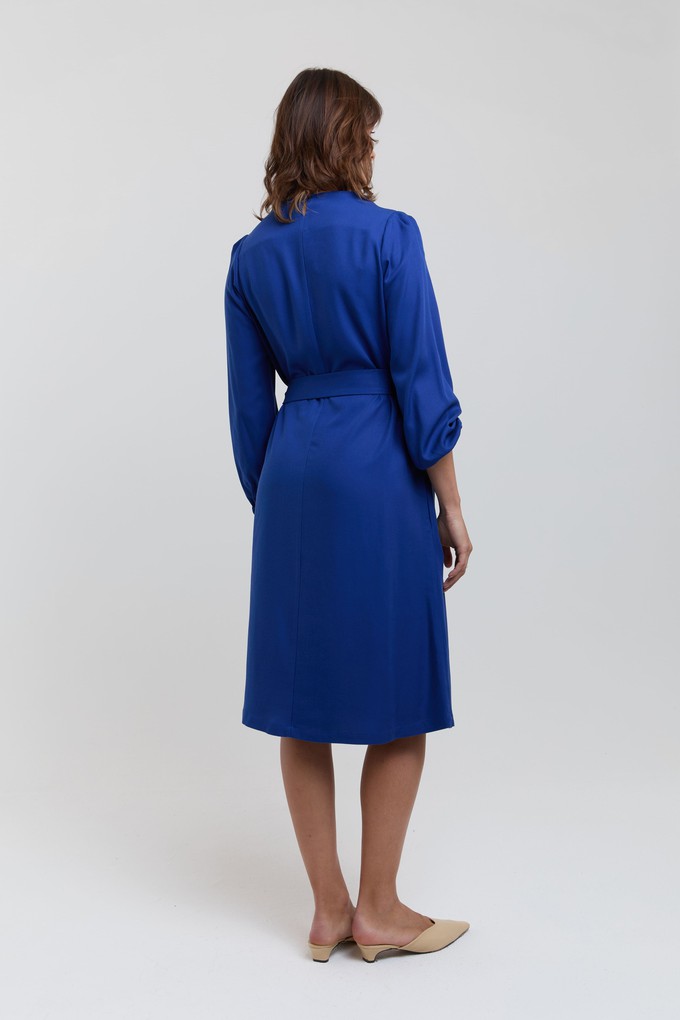 Mia | Belted Dress with Pleated Sleeves and Standing Collar in Midnight Blue from AYANI