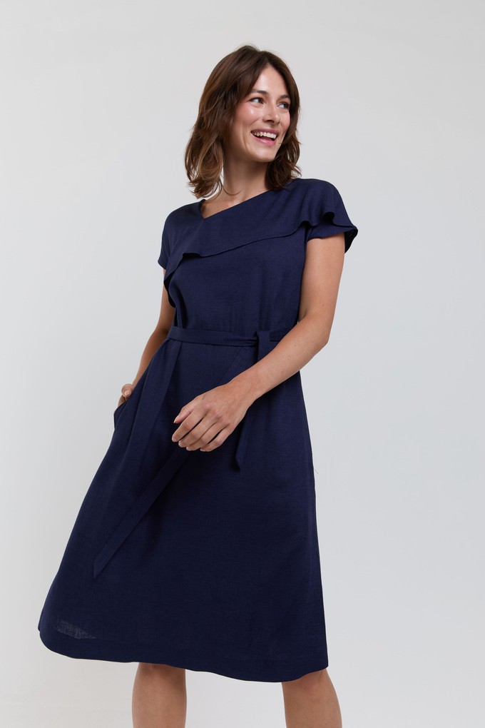 Daniela | Elegant Midi Dress with Soft Ruffle Neckline in Dark Blue from AYANI