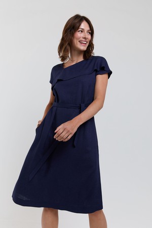 Daniela | Elegant Midi Dress with Soft Ruffle Neckline in Dark Blue from AYANI