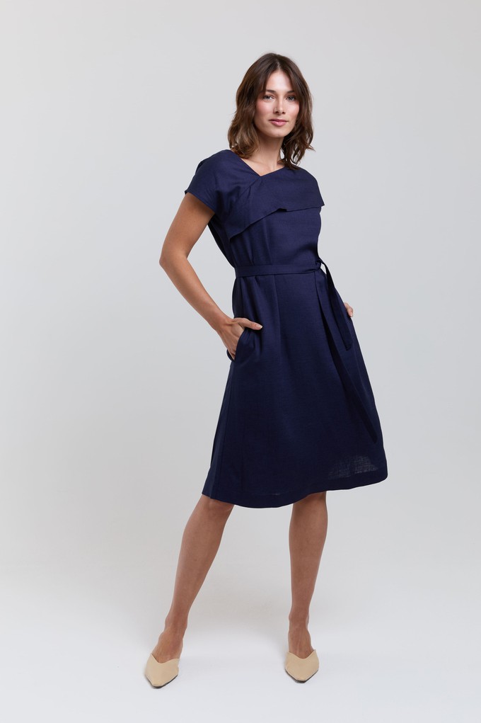 Daniela | Elegant Midi Dress with Soft Ruffle Neckline in Dark Blue from AYANI