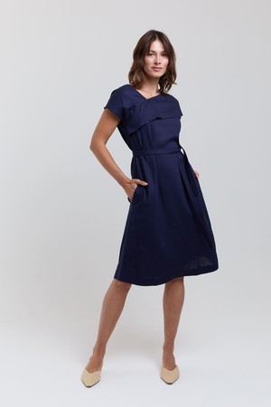 Daniela | Elegant Midi Dress with Soft Ruffle Neckline in Dark Blue from AYANI
