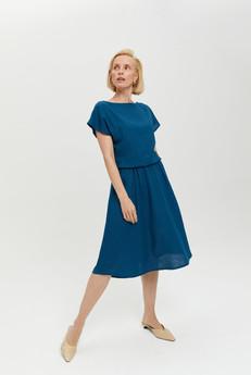 Nane | Linen Dress with Short Sleeves in Petrol-Blue via AYANI