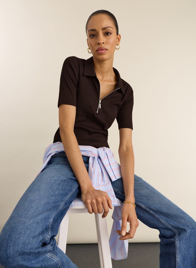 Ivy Ribbed Short-Sleeve Zip Top from Baukjen