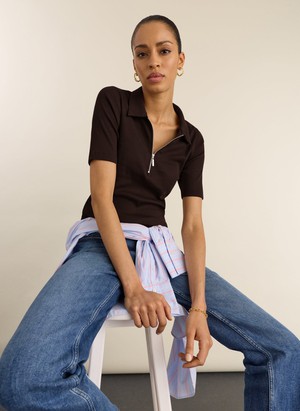 Ivy Ribbed Short-Sleeve Zip Top from Baukjen