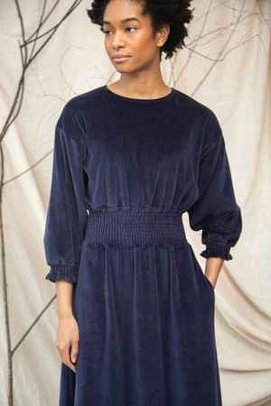 Alena Organic Cotton Velour Dress in Night Sky Navy from Beaumont Organic