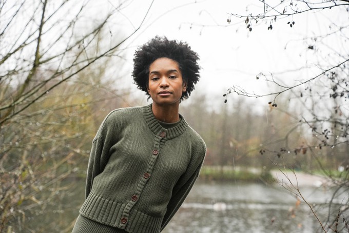 Sugi Organic Cotton Knitted Cardigan in Soft Khaki from Beaumont Organic