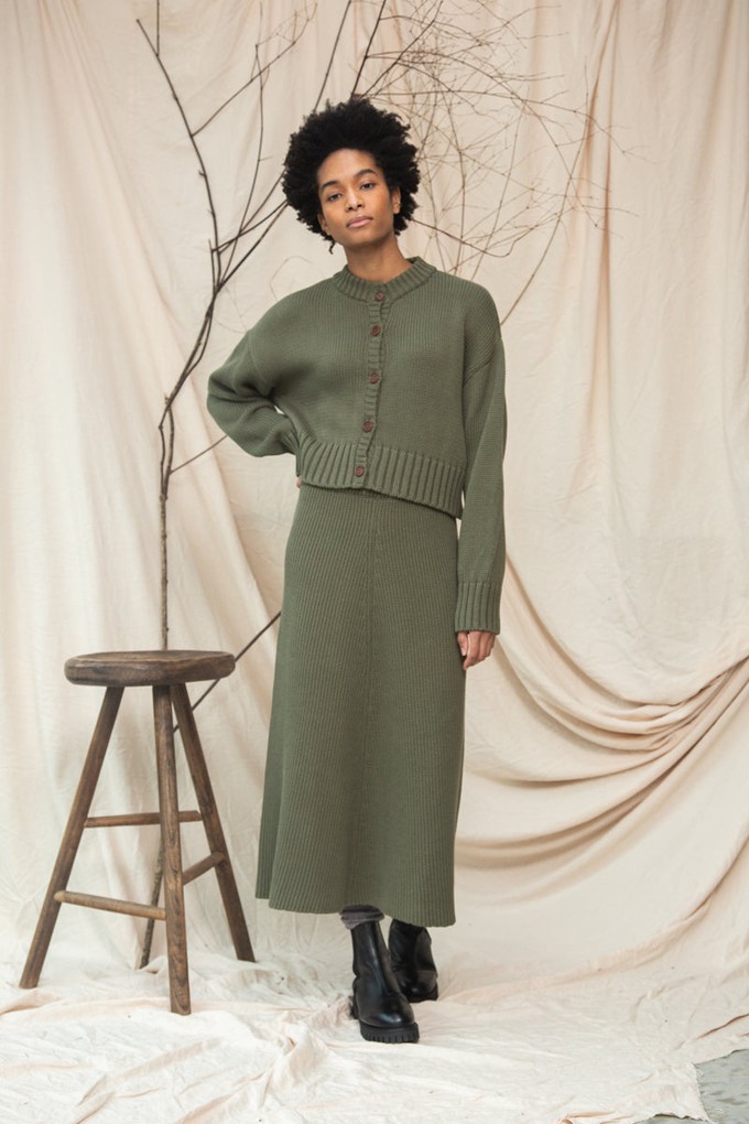 Sugi Organic Cotton Knitted Cardigan in Soft Khaki from Beaumont Organic