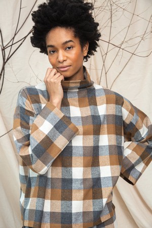 Ula-Cay Recycled Cotton Blend Brushed Twill Check Top in Tan Check from Beaumont Organic