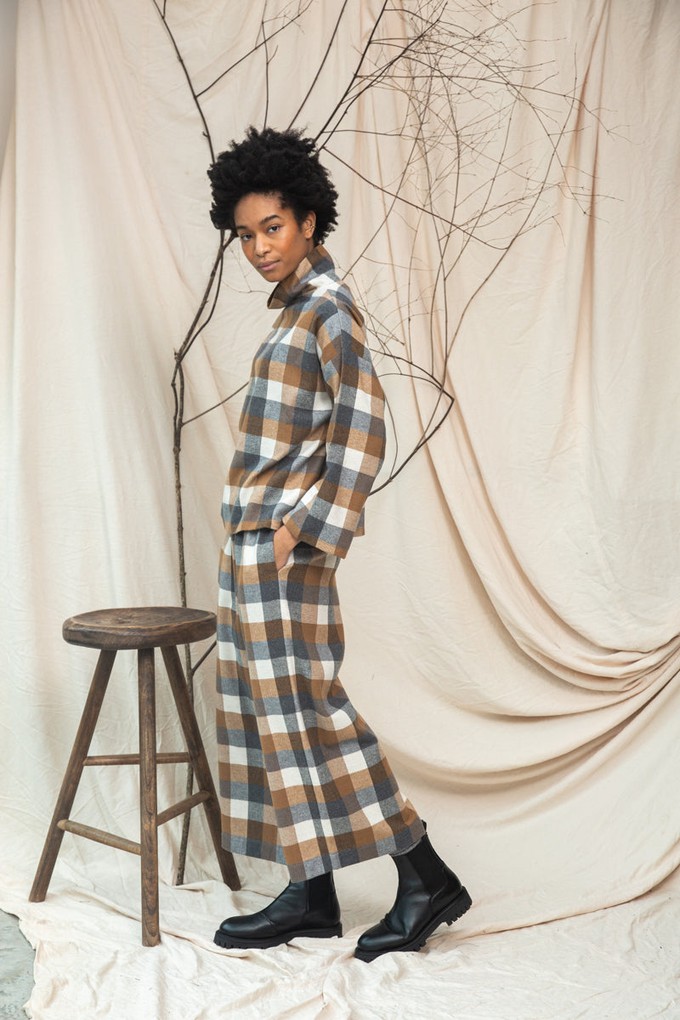 Ula-Cay Recycled Cotton Blend Brushed Twill Check Top in Tan Check from Beaumont Organic