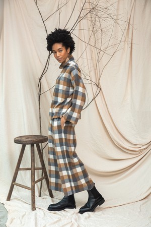 Ula-Cay Recycled Cotton Blend Brushed Twill Check Top in Tan Check from Beaumont Organic