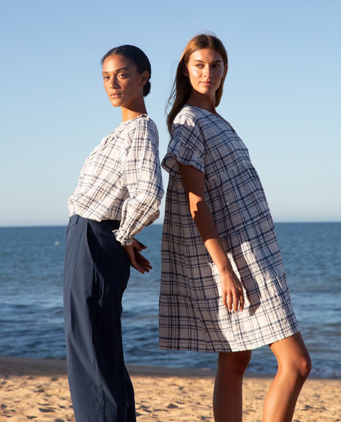 Ada-Cay Organic Cotton & Linen Dress In White & Blue Check from Beaumont Organic