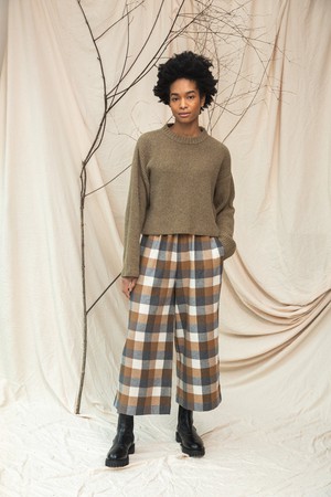 Evora-Cay Recycled Cotton Blend Brushed Twill Check Trousers in Tan Check from Beaumont Organic