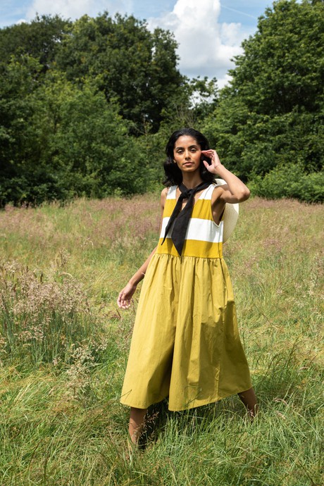 Rory-Sue Organic Cotton Jumpsuit in Olive and White Bold Stripe from Beaumont Organic