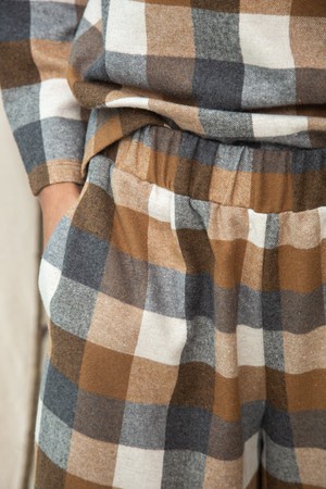 Evora-Cay Recycled Cotton Blend Brushed Twill Check Trousers in Tan Check from Beaumont Organic