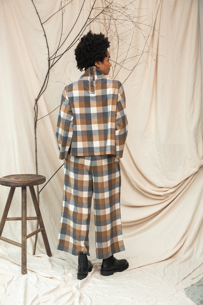 Evora-Cay Recycled Cotton Blend Brushed Twill Check Trousers in Tan Check from Beaumont Organic