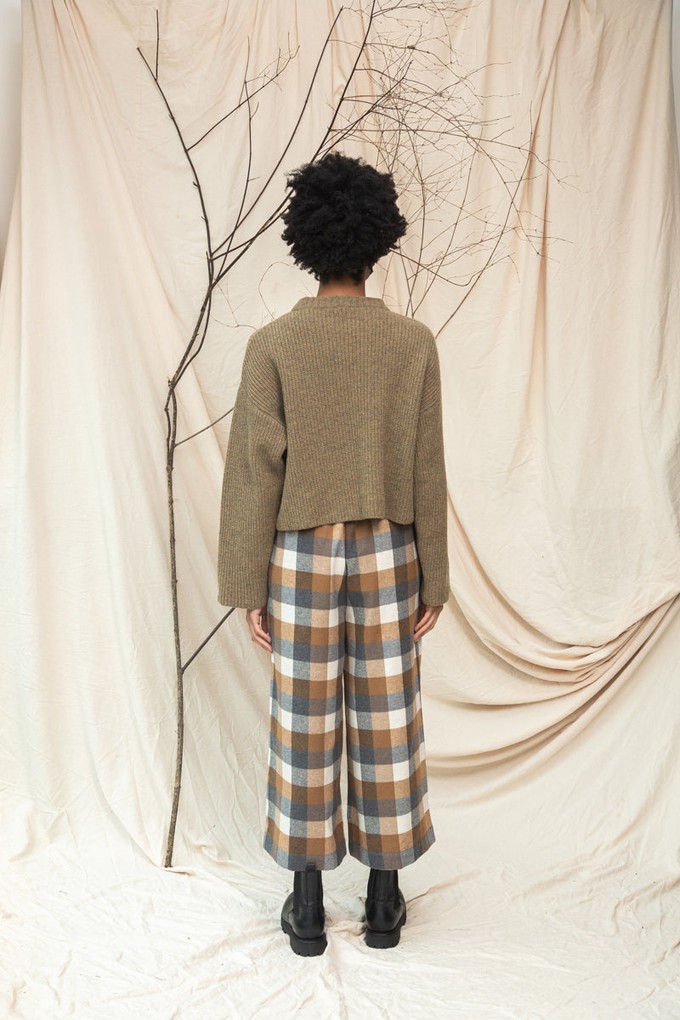 Evora-Cay Recycled Cotton Blend Brushed Twill Check Trousers in Tan Check from Beaumont Organic