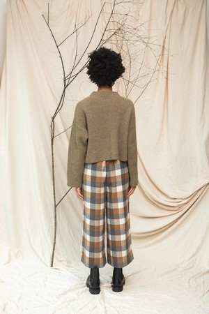 Evora-Cay Recycled Cotton Blend Brushed Twill Check Trousers in Tan Check from Beaumont Organic