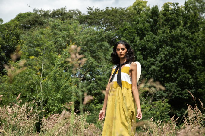 Rory-Sue Organic Cotton Jumpsuit in Olive and White Bold Stripe from Beaumont Organic