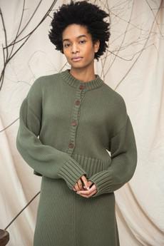 Sugi Organic Cotton Knitted Cardigan in Soft Khaki via Beaumont Organic