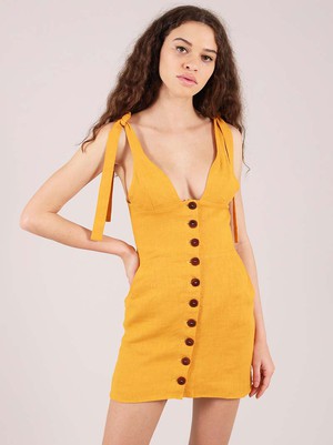 Linen Mini Dress, Upcycled Linen, in Yellow from blondegonerogue
