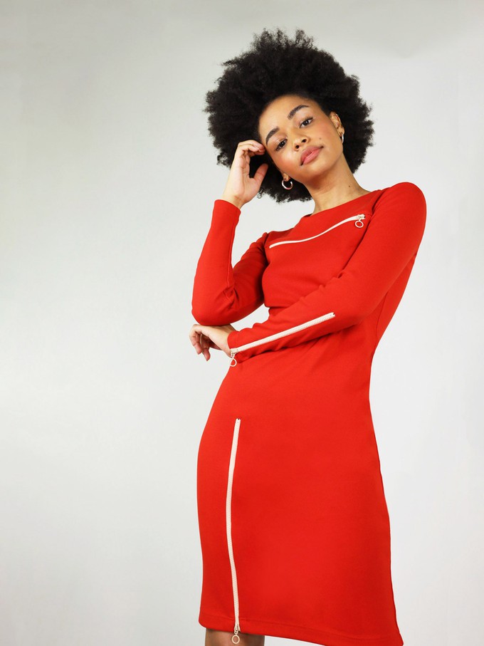 Wicked Zipper Midi Dress, Upcycled Cotton, in Red from blondegonerogue