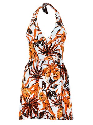 Beachy Halter Neck Mini Dress, Upcycled Viscose, in Blue & Orange Palm Print from blondegonerogue