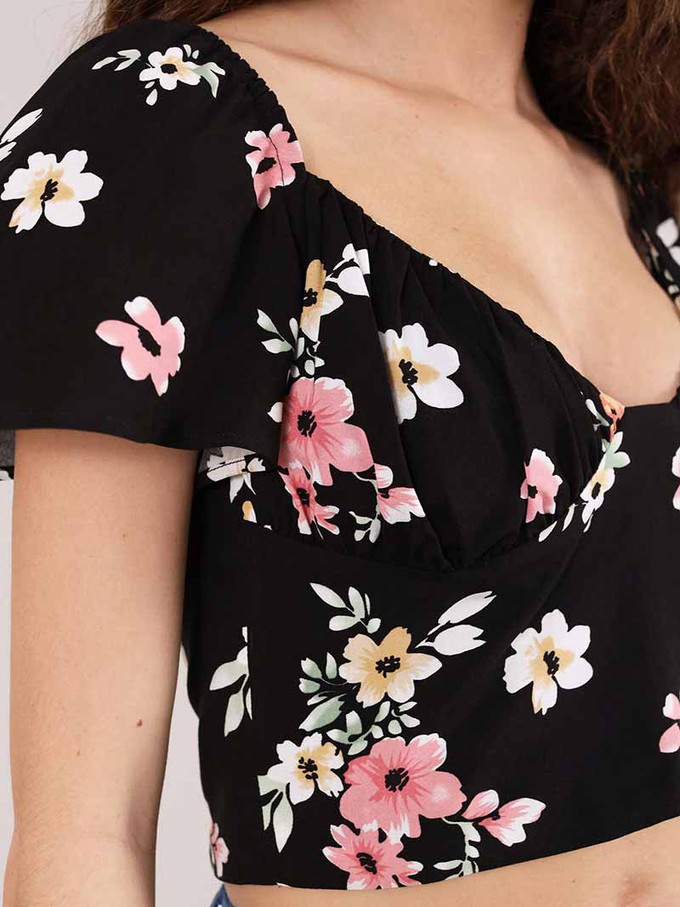 Flower Power Fitted Crop Top, Upcycled Viscose, in Black Flower Print from blondegonerogue