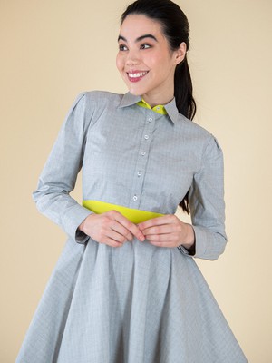 ReLove Long Sleeve Mini Shirt Dress, Upcycled Cotton, in Grey & Yellow from blondegonerogue