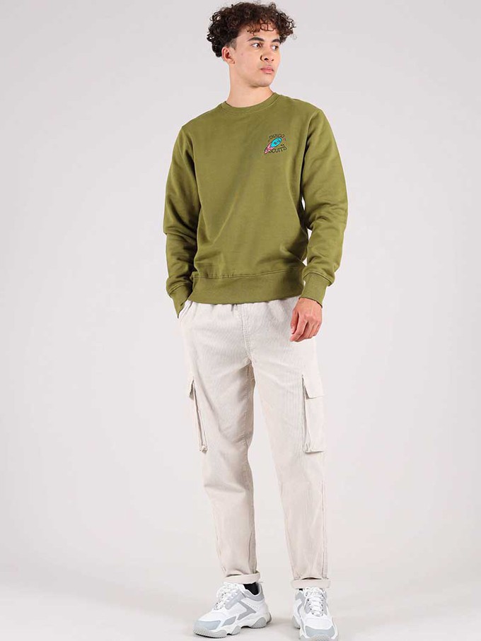 Disco Trip Embroidered Mens Sweatshirt, Organic Cotton, in Khaki Green from blondegonerogue