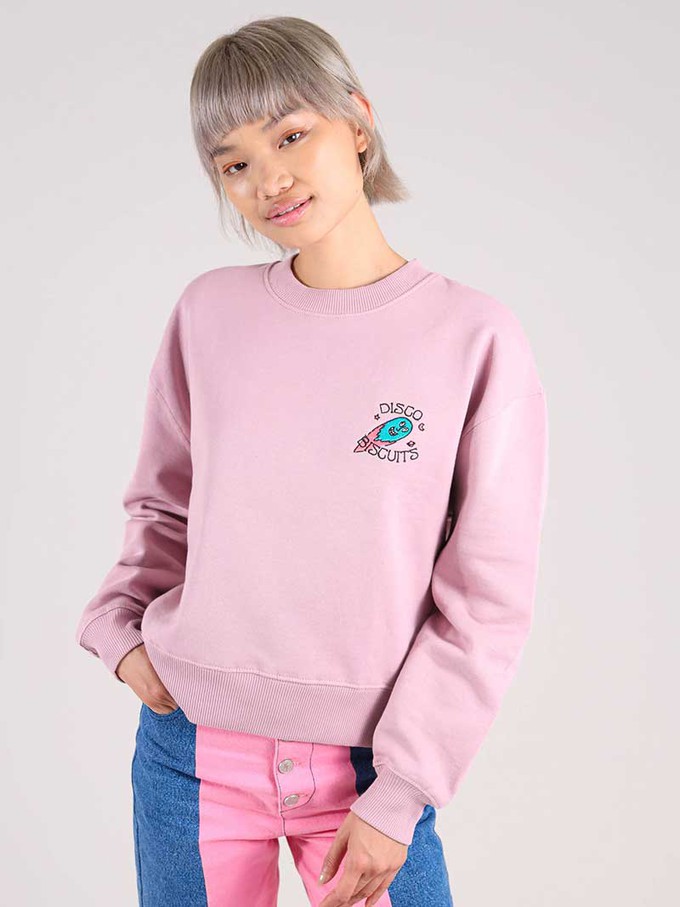Disco Trip Embroidered Sweatshirt, Organic Cotton, in Ash Pink from blondegonerogue