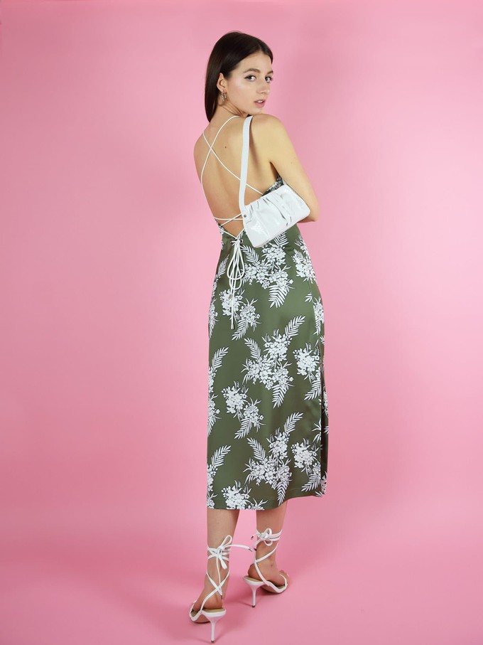 Floral Backless Midi Slip Dress, Upcycled Polyester, in Green & White Print from blondegonerogue