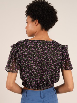 Wildflower Surplice Crop Top, Upcycled Polyester, in Black Flower Print from blondegonerogue