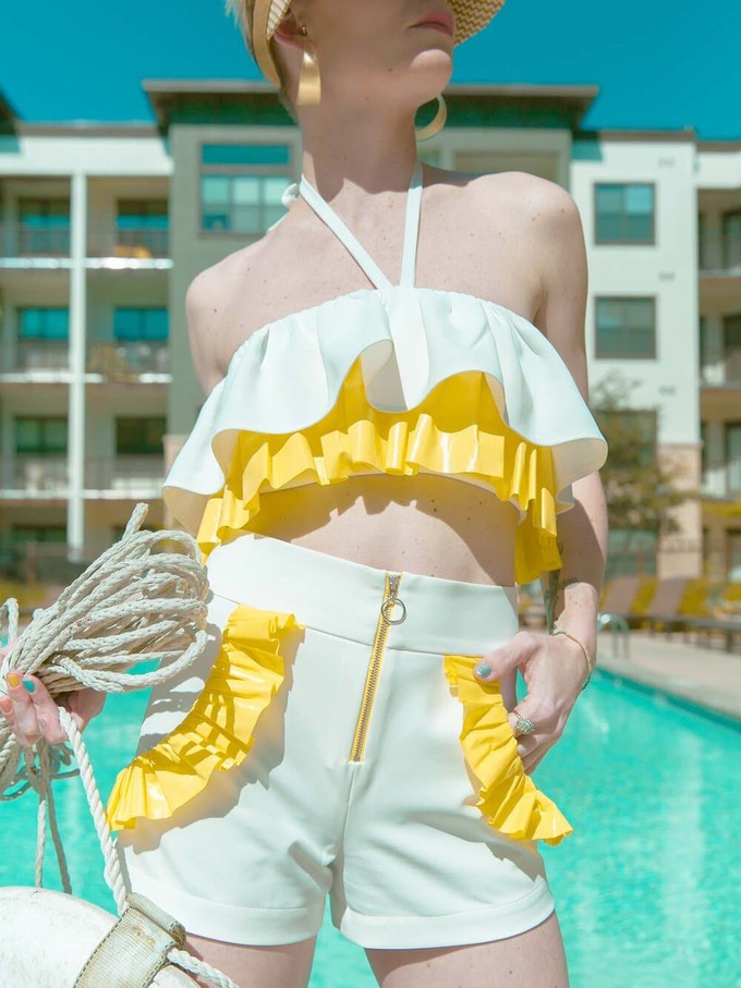 Endless Summer Crop Top, Upcycled Polyester, in White & Yellow from blondegonerogue