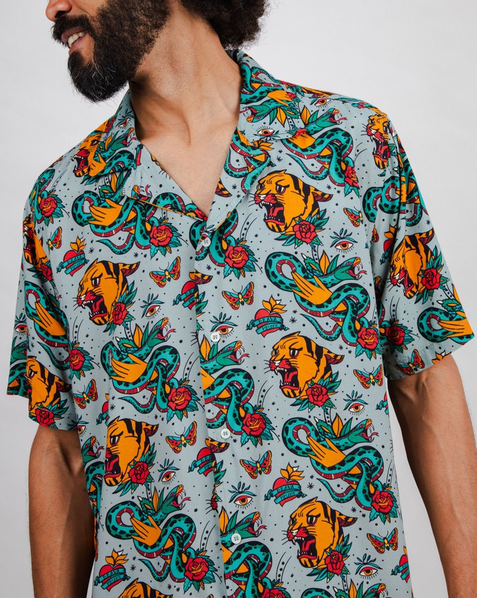 Old School Tattoo Aloha Shirt Mist from Brava Fabrics