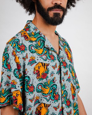 Old School Tattoo Aloha Shirt Mist from Brava Fabrics
