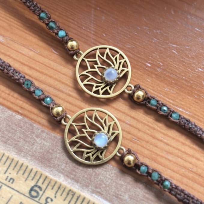 Moonstone Lotus Macramé Bracelet with Emeralds from chaYkra