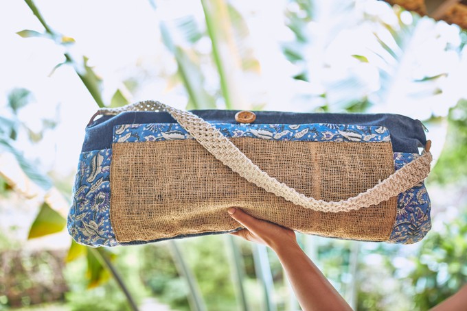 Sky Blue Leaf Fabric & Jute Eco Beach  / Weekender Bag from chaYkra