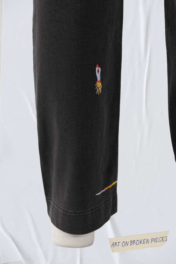 DEW Flared Soft Denim - French Pocket - Black Denim - Art on Broken Pieces from DAWN Denim