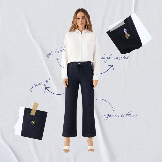 DEW Flared Cropped Soft Denim - French Pocket - Raw Blue - Art on Broken Pieces from DAWN Denim