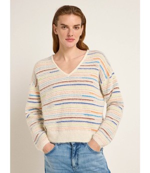 LANIUS •• Gestreepte trui V-hals | Off white/ Multi colour from De Groene Knoop