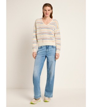 LANIUS •• Gestreepte trui V-hals | Off white/ Multi colour from De Groene Knoop