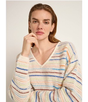 LANIUS •• Gestreepte trui V-hals | Off white/ Multi colour from De Groene Knoop