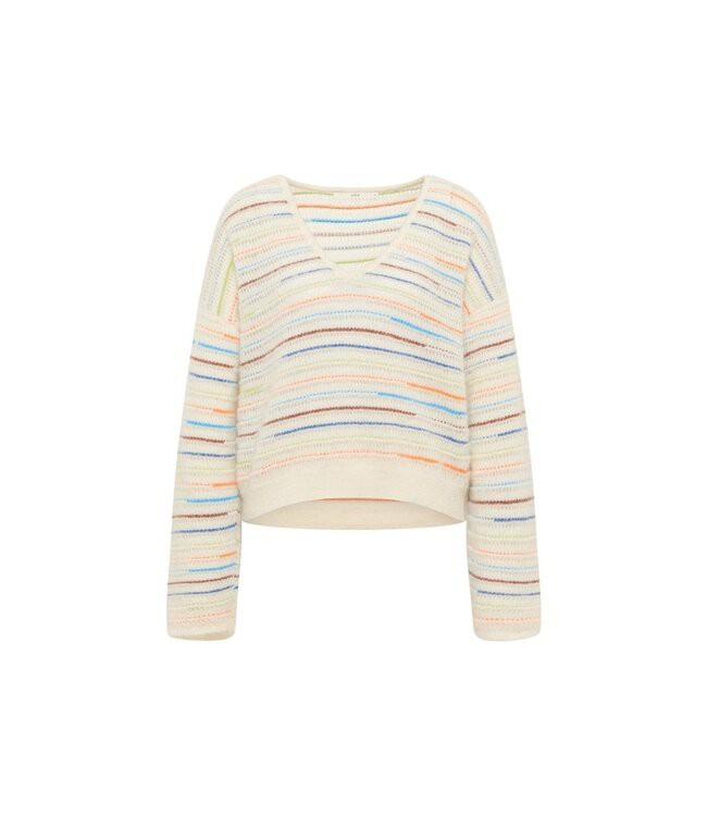 LANIUS •• Gestreepte trui V-hals | Off white/ Multi colour from De Groene Knoop