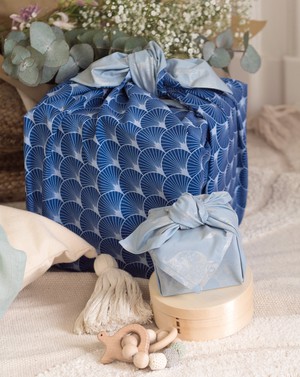 Fabric Gift Wrap Furoshiki Cloth - 9 Piece Sky Elephants & Indigo Fans Bundle from FabRap