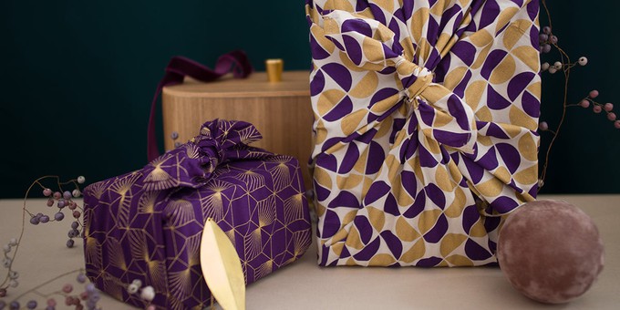Furoshiki Gift Wrap Gold Moons & Plum Diamonds Fabric Gift Wrap - Double Sided (Reversible) from FabRap