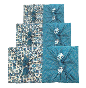 Furoshiki Gift Wrap - 3 Pack (Sizes S, M & L) Double Sided Bundle - Art Deco & Ocean (Teal Blue) from FabRap