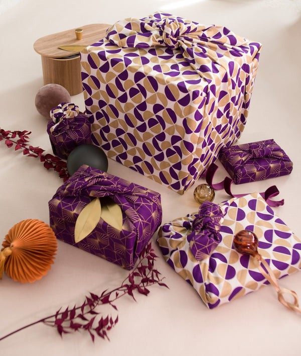 Furoshiki Gift Wrap - 3 Pack (Sizes S, M & L) Double Sided Bundle - Plum Diamonds & Gold Moons from FabRap