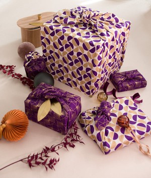 Furoshiki Gift Wrap - 3 Pack (Sizes S, M & L) Double Sided Bundle - Plum Diamonds & Gold Moons from FabRap